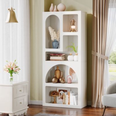 70" Tall Geometric Bookshelf Set of 2, White Arched Bookcase with 5 Irregular Storage Shelves, Modern Open Art Decor Display Shelf
