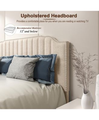 Queen Upholstered Bed Frame with linen fabric vertical lines Rivets headboard