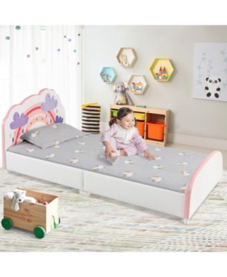 Kids Upholstered Platform Bed Children Twin Size Wooden Bed Rainbow Pattern