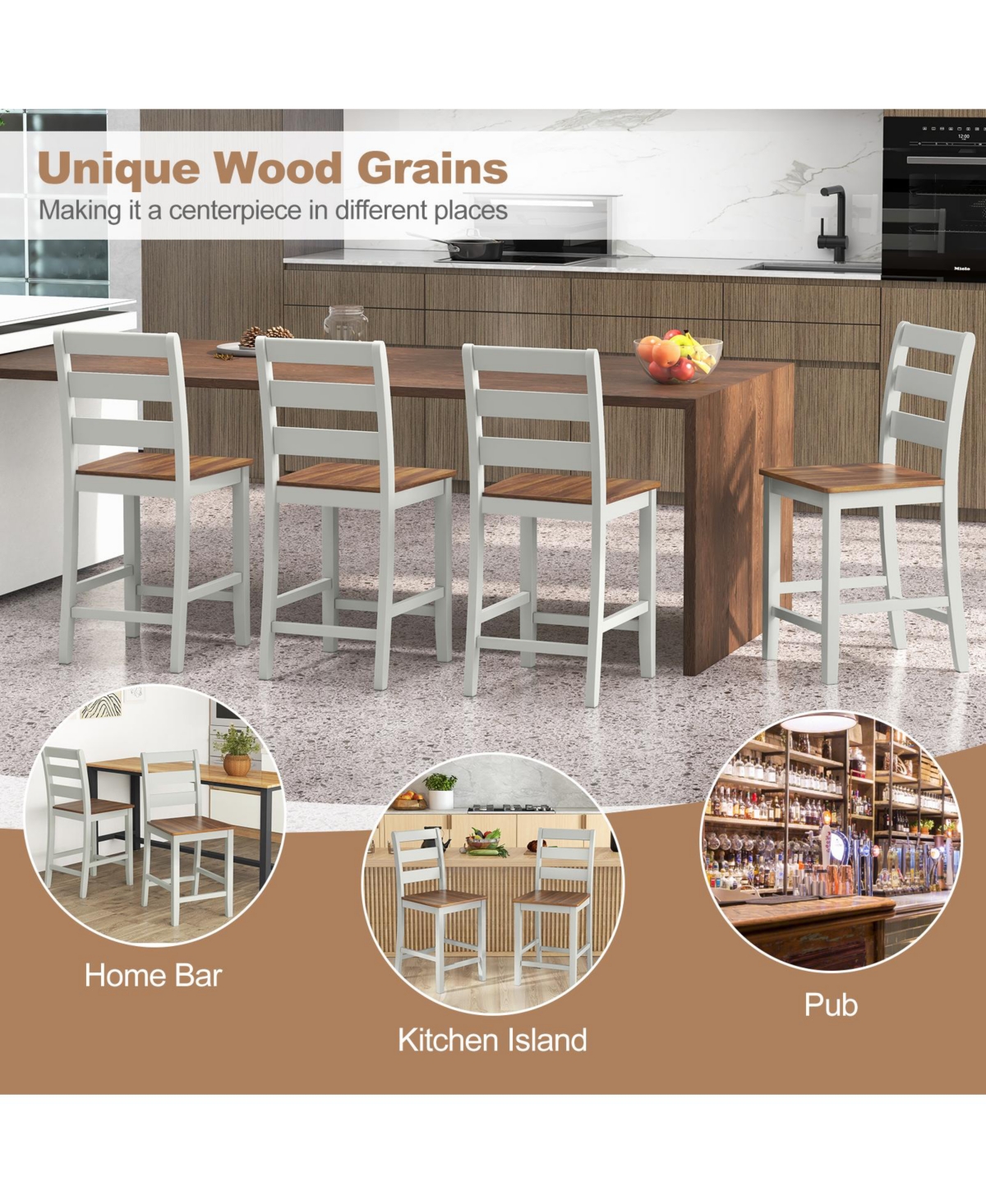 Sugift Set of 2 Counter Bar Stool with Inclined Backrest and Footrest