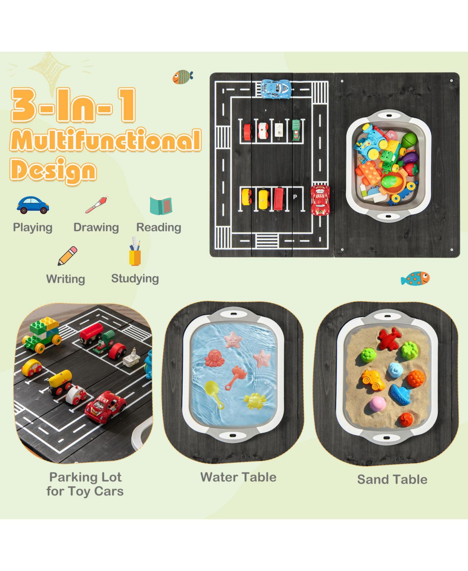 3-in-1 Kids Sand Water Activity Table with Foldable Storage Bin