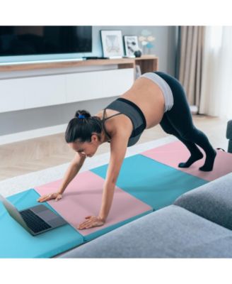 Folding Gymnastics Mat with Carry Handles and Sweatproof Detachable PU Leather Cover-Blue