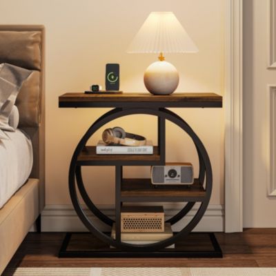 End Table Set of 2, 4-Tier Narrow Side Table with Storage Shelves, Wood Small Sofa Side Table, Industrial Bedside Table, Rustic Brown