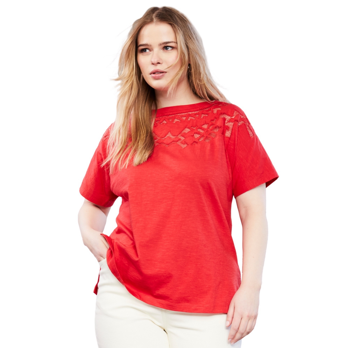 Plus Size June + Vie Openwork Boatneck Shirt - Red openwork