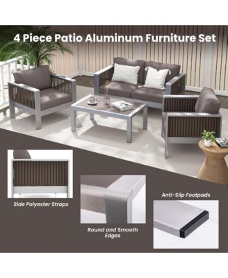 4 PCS Aluminum Patio Furniture Set with Thick Cushions & Tempered Glass Tabletop