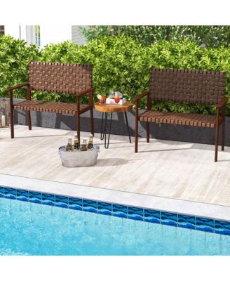 Patio Loveseat All Weather Bench with Solid Rubber Wood Frame&Hand Woven PU Leather