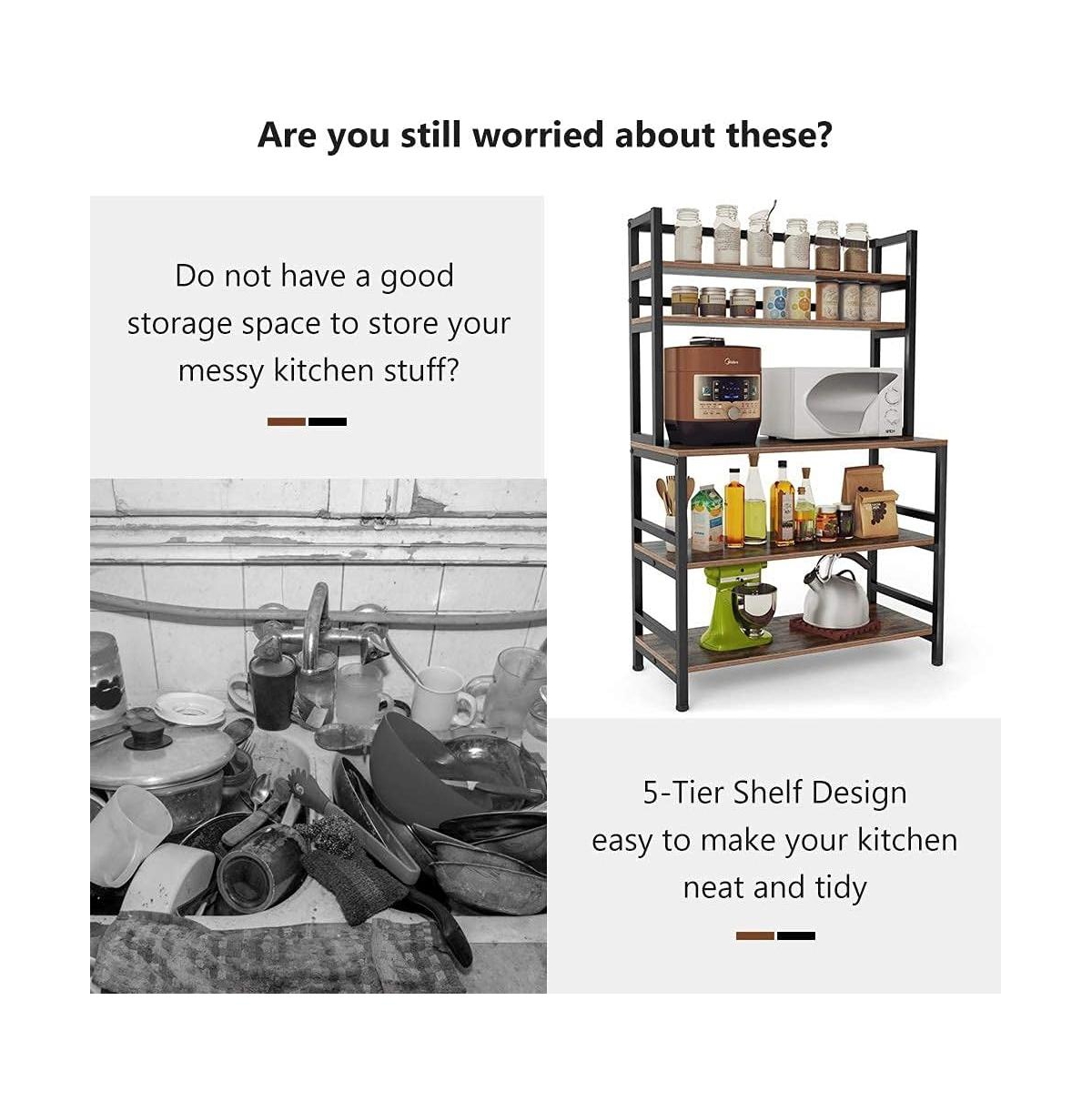 Tribesigns 5-Tier Kitchen Bakers Rack with Hutch, Industrial Microwave Oven Stand, Free Standing Kitchen Utility Cart Storage Shelf Organizer (Rustic