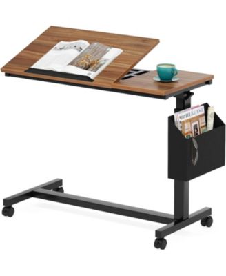 Height Adjustable C Shaped End Table with Wheels and Side Pocket, Mobile Sofa Snack Table with Tiltable Drawing Board for Couch Bed