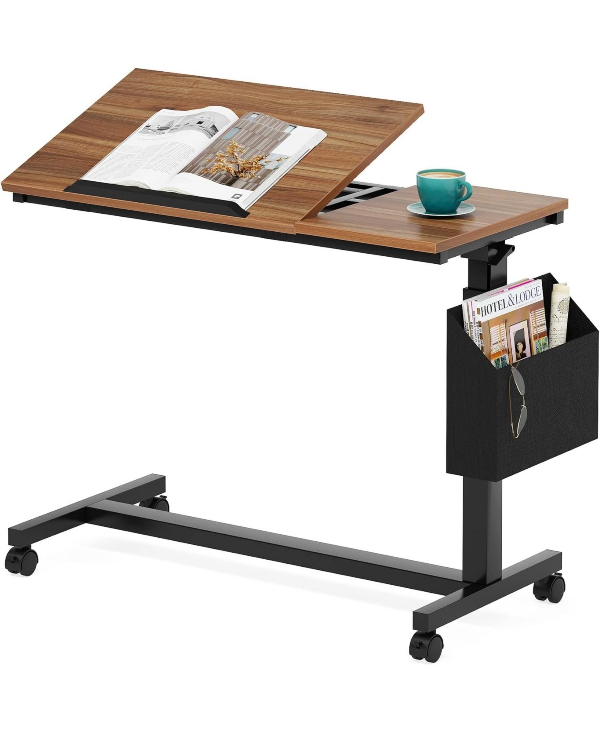 Tribesigns Height Adjustable C Shaped End Table with Wheels and Side Pocket, Mobile Sofa Snack Table with Tiltable Drawing Board, Laptop Side Tray Tab
