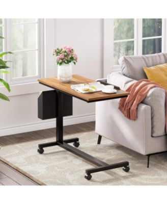 Height Adjustable C Shaped End Table with Wheels and Side Pocket, Mobile Sofa Snack Table with Tiltable Drawing Board for Couch Bed