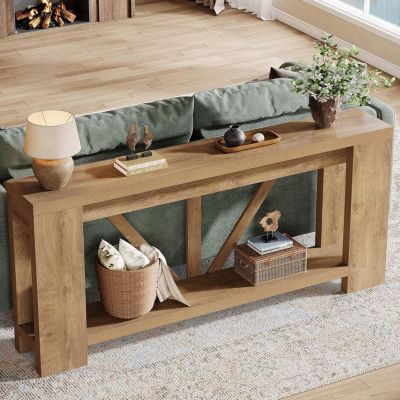 70.9-Inch Extra Long Console Table, 2-Tier Farmhouse Sofa Table Behind Couch, Large Engineered Wood Entry Console, Brown