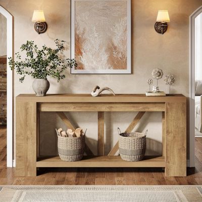 70.9-Inch Extra Long Console Table, 2-Tier Farmhouse Sofa Table Behind Couch, Large Engineered Wood Entry Console, Brown