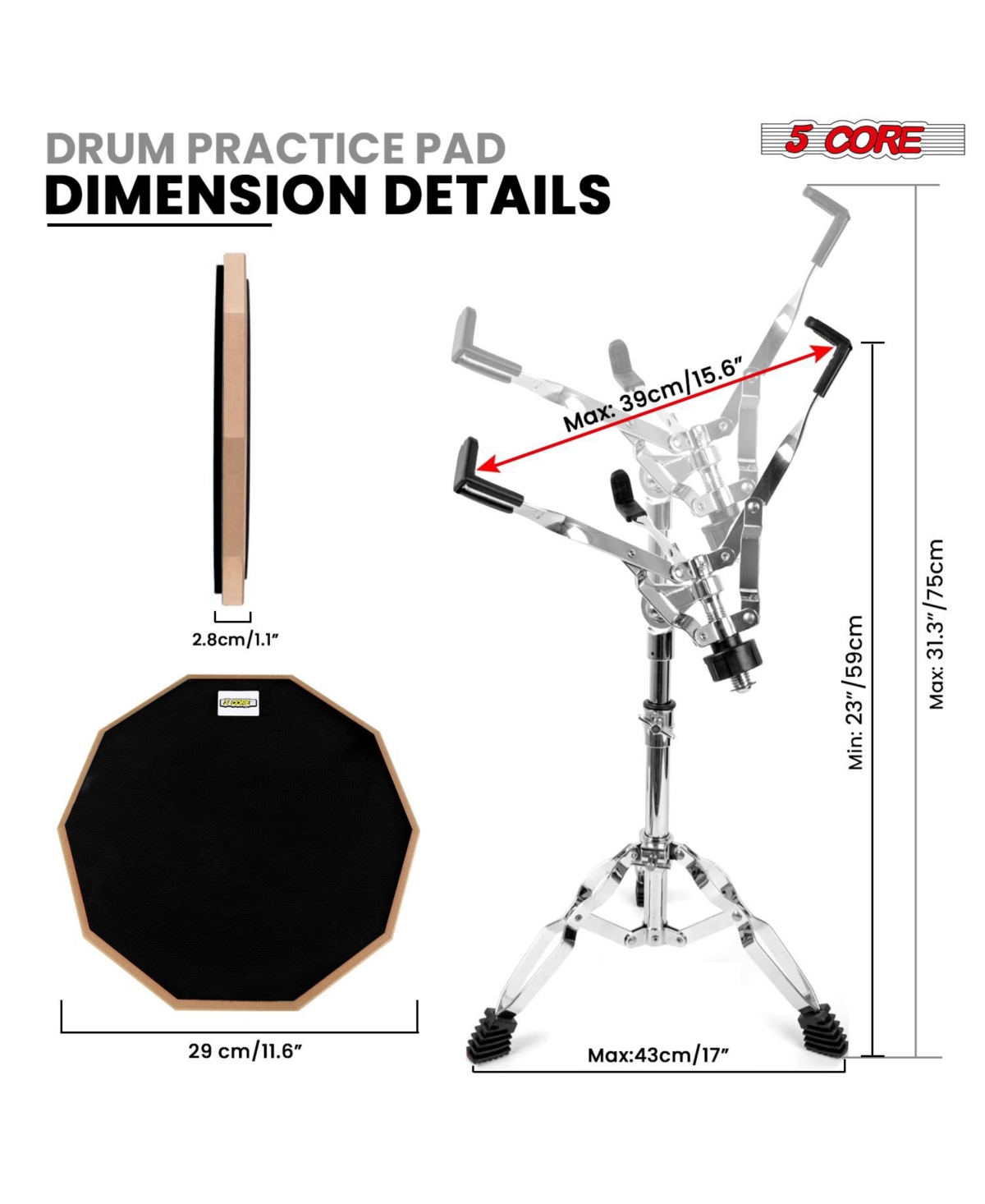 5 Core Drum Practice Pad Set 12" Adjustable Snare Drumming Stand Double Sided Silent Drummer Kit