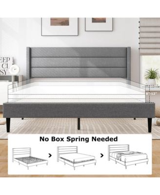 Queen Bed Frame with Wingback Headboard Linen Upholstered Platform Bed