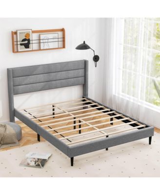 Queen Bed Frame with Wingback Headboard Linen Upholstered Platform Bed