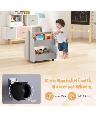 Kids Wooden Bookshelf with Wheels 2-Tier Toy Storage Shelf Double-sided Bookcase