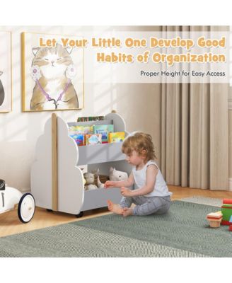 Kids Wooden Bookshelf with Wheels 2-Tier Toy Storage Shelf Double-sided Bookcase