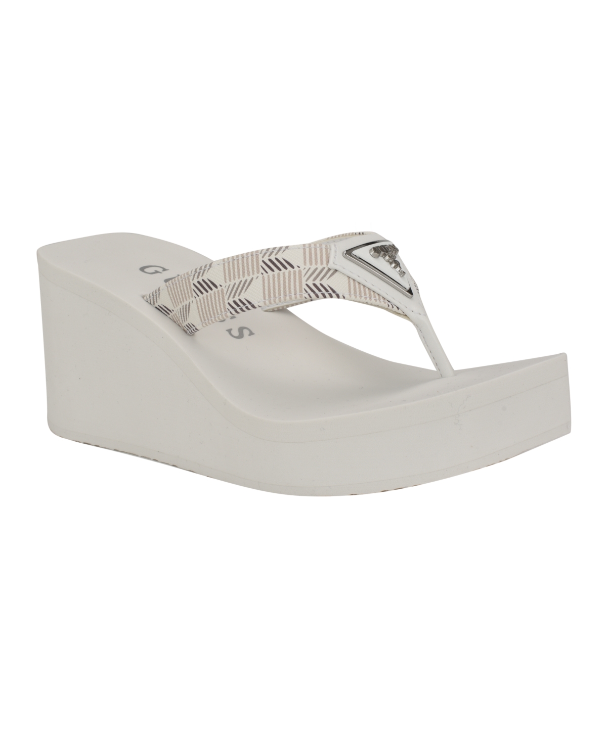 Guess Women's Demmey Logo Thong Square Toe Eva Wedge Sandals -Silver