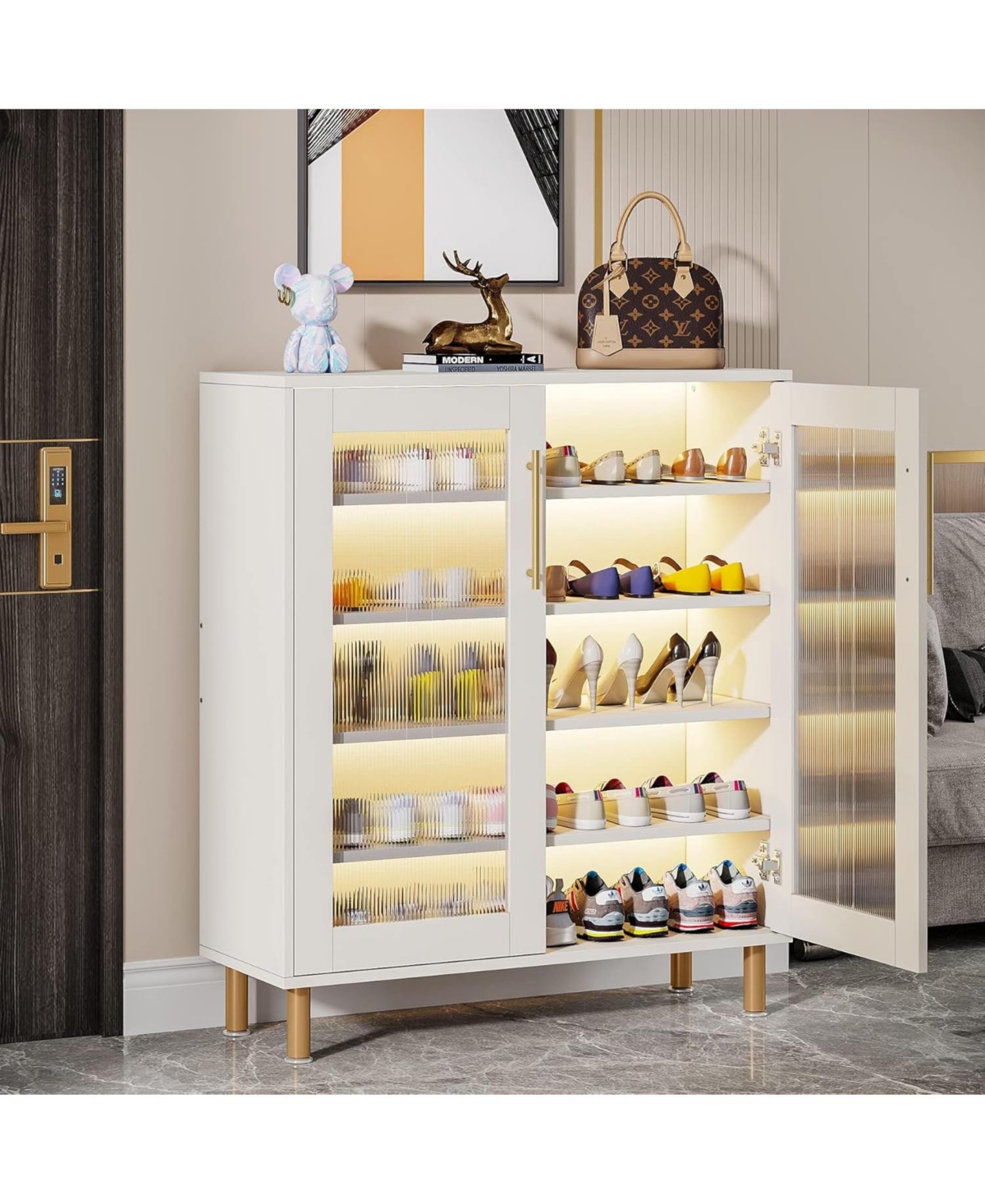 Tribesigns Shoe Cabinet with Acrylic Doors and Led Light, 24 Pairs Entryway Shoe Organizer Storage Rack with 5-Tier Adjustable Shelves for Narrow Clos