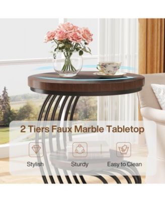 Round End Table: 2 Tiers Faux Marble Side Table with Storage Shelf, Bedside Nightstand, Metal Arc-Shaped Frame Accent Table