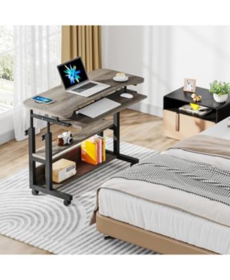 Portable Desk with Power Outlets, Height Adjustable Side Table Sofa Couch Bedside Laptop Computer Cart with USB Charging Ports, Mobile Small Standing Desk with Keyboard Tray