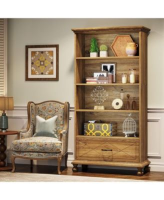 6-Shelf Bookcase with Drawer, 71 Inch Tall Floor Standing Bookshelf with Solid Wood Legs, 6-Tier Large Open Display Storage Book Shelf for Living Room, Home Office