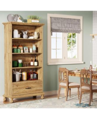 6-Shelf Bookcase with Drawer, 71 Inch Tall Floor Standing Bookshelf with Solid Wood Legs, 6-Tier Large Open Display Storage Book Shelf for Living Room, Home Office