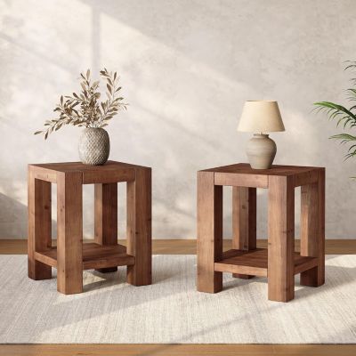 19.69" Solid Wood Side Table, Farmhouse 2-Tier End Table with Storage Shelves, Rustic Brown