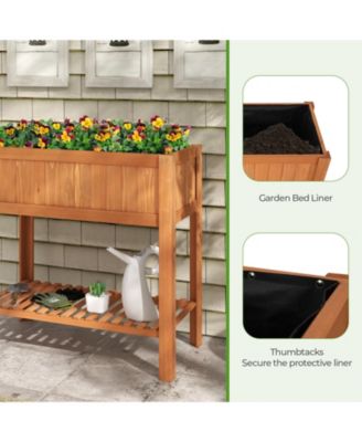 Outdoor Raised Garden Bed Fir Wood Planter Box with Bottom Storage Shelf and Protective Liner