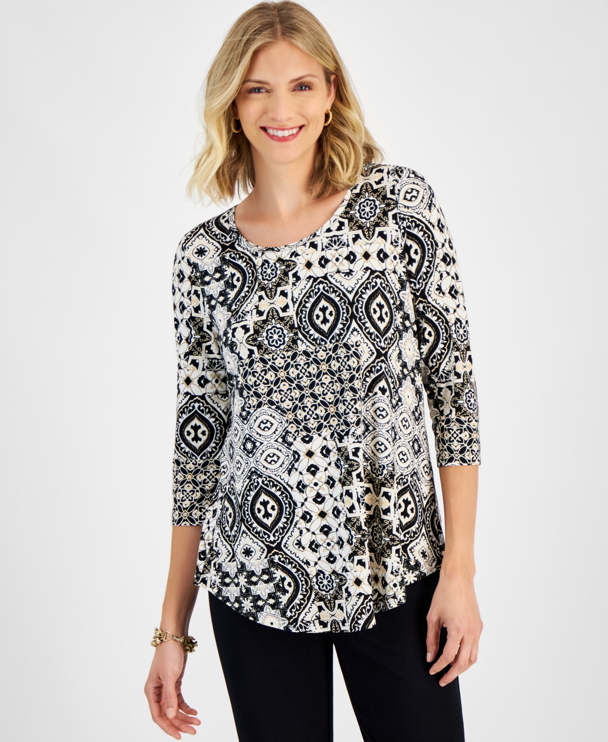 JM COLLECTION PETITE REGAL TILES 3/4-SLEEVE TOP, CREATED FOR MACY'S 