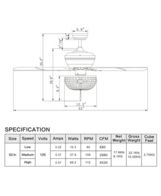 52 Inch Retro Ceiling Fan Light with Reversible Blades Remote Control