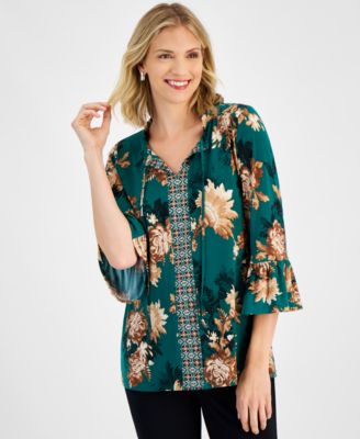 JM Collection - Women's Floral-Print Tie-Neck Tunic Top