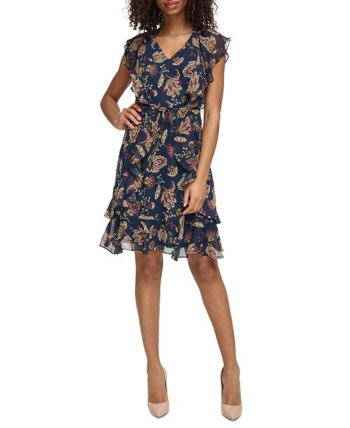 alfani Tommy Hilfiger Women's Printed Flutter-Sleeve Ruffle Dress Women's Fashion Shoes & Accessories