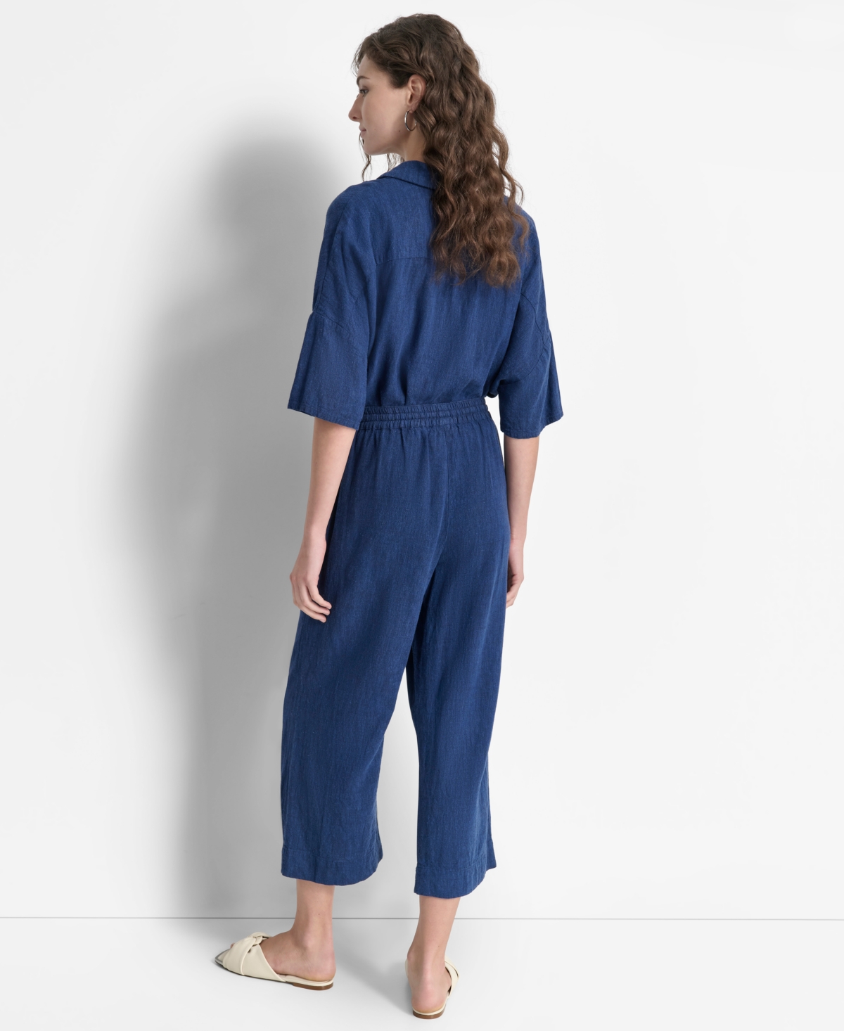 Shop Dkny Women's Indigo Linen-blend Cropped Pull-on Pants