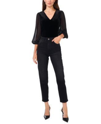 Women's Velvet V-Neck Sheer-Sleeve Top