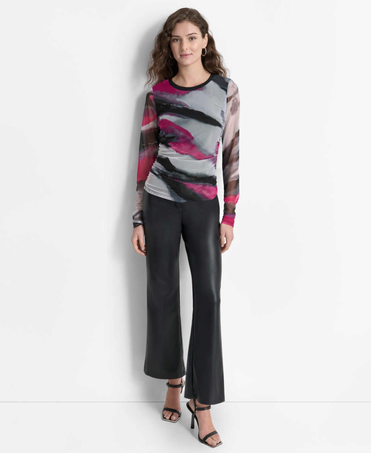 Dkny Women's Printed-Mesh Ruched-Side Long-Sleeve Top