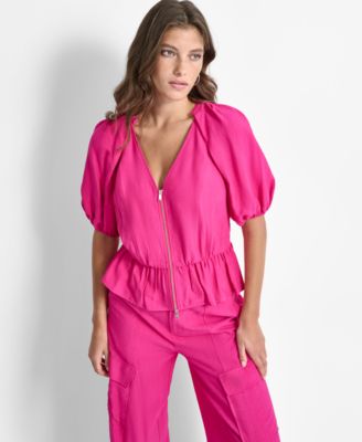 DKNY - Women's V-Neck Zip-Front Short-Sleeve Top