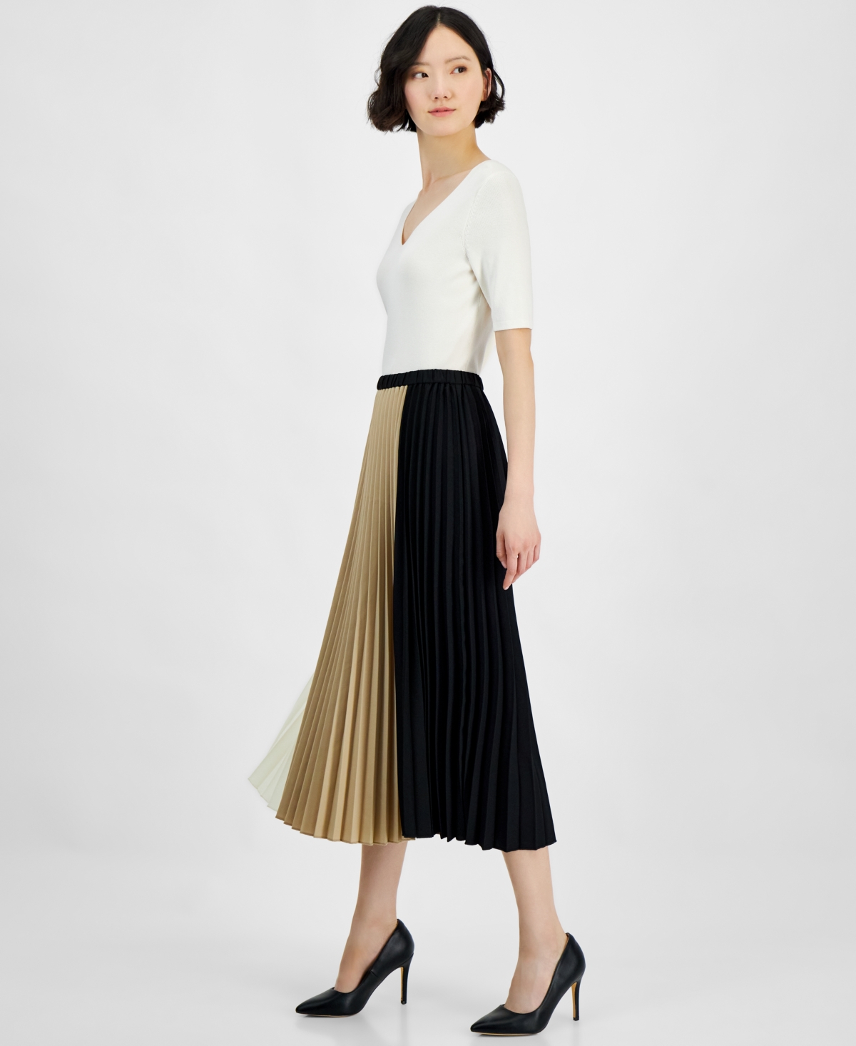 Anne Klein Petite Pull-On Colorblocked Pleated Skirt -Latte/Anne White
