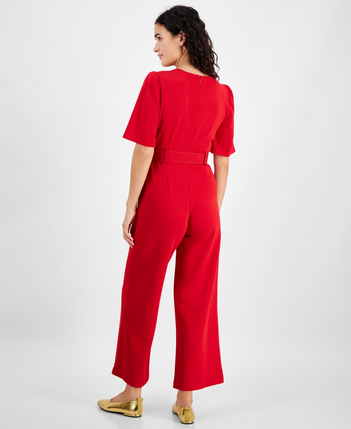 Tahari Petite Belted Wide-Leg Puffed-Shoulder Jumpsuit