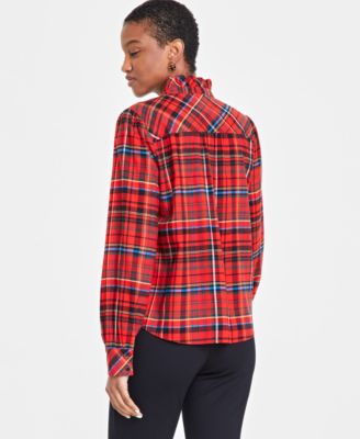 Women's Festive Plaid Ruffle-Neck Flannel Shirt, Created for Macy's