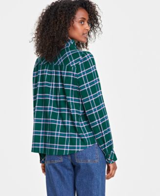 Women's Festive Plaid Ruffle-Neck Flannel Shirt, Created for Macy's
