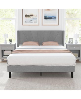Queen Bed Frame Modern Platform Bed with Linen Upholstered Wingback Headboard