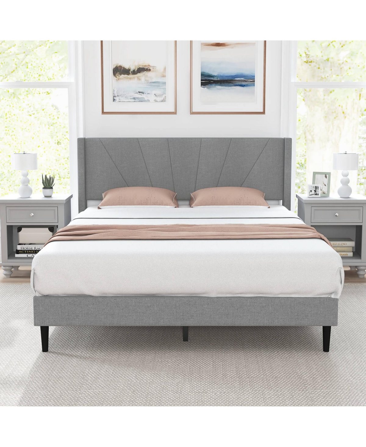 Costway Queen Bed Frame Modern Platform Bed with Linen Upholstered Wingback Headboard