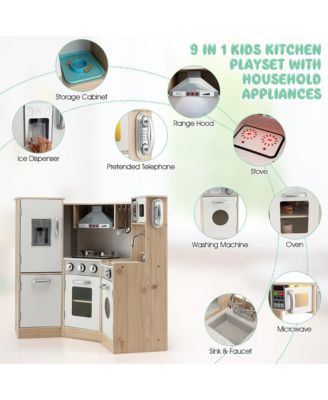 Kids Corner Wooden Kitchen Playset Pretend Cooking Toy w/ Cookware Accessories