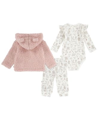 Baby Girls Sherpa Jacket, Bodysuit and Pants 3-Piece Set