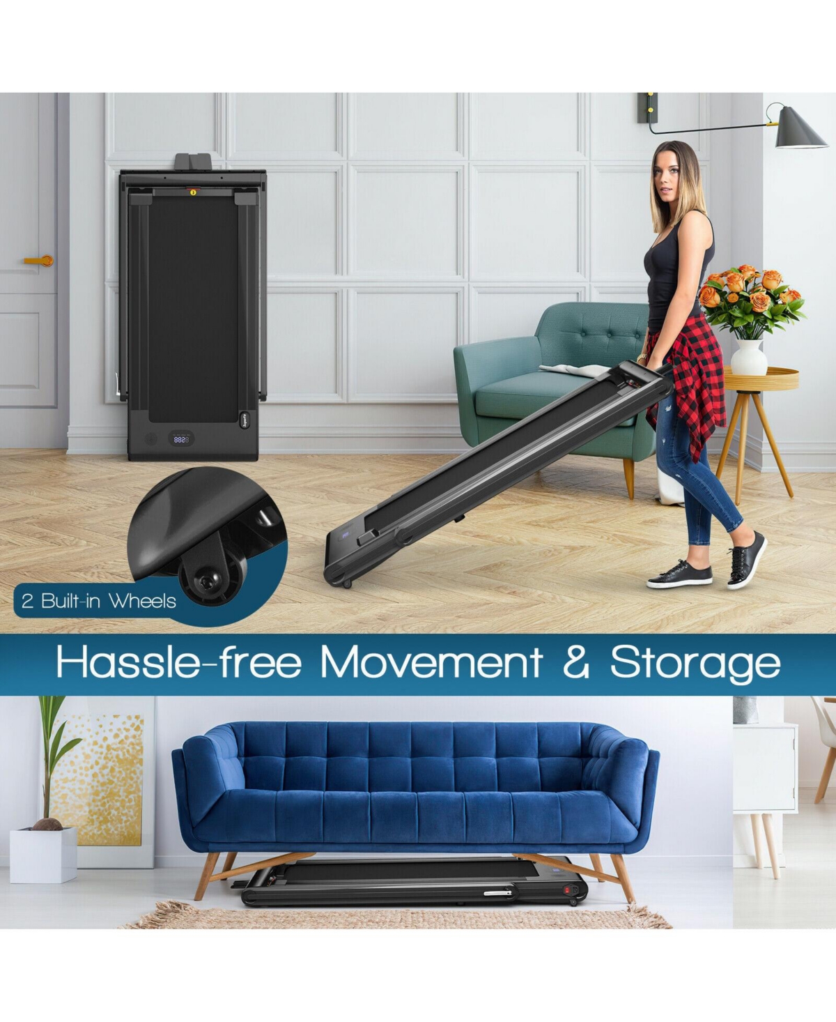 Skonyon 2-in-1 Folding Treadmill with Dual Led Display-Black