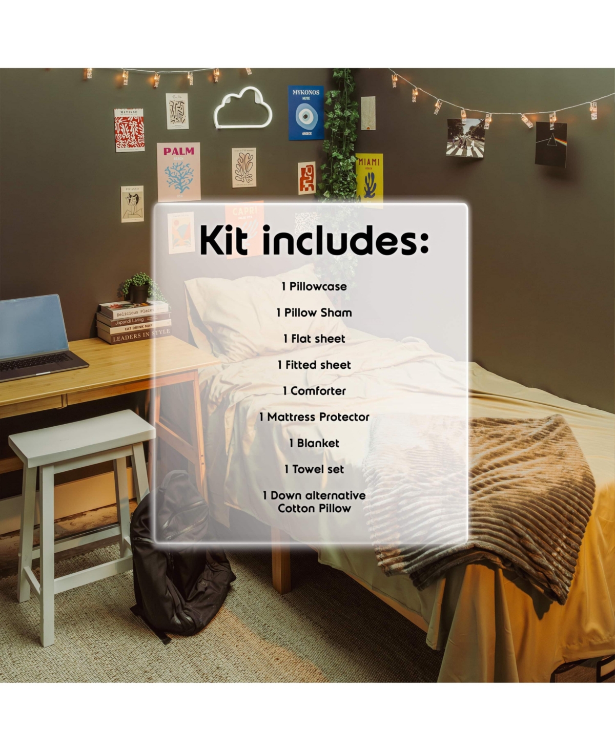 14 Piece Complete College Dorm Room Essentials Bedding & Bath Bundle - Twin Xl Black And Gray