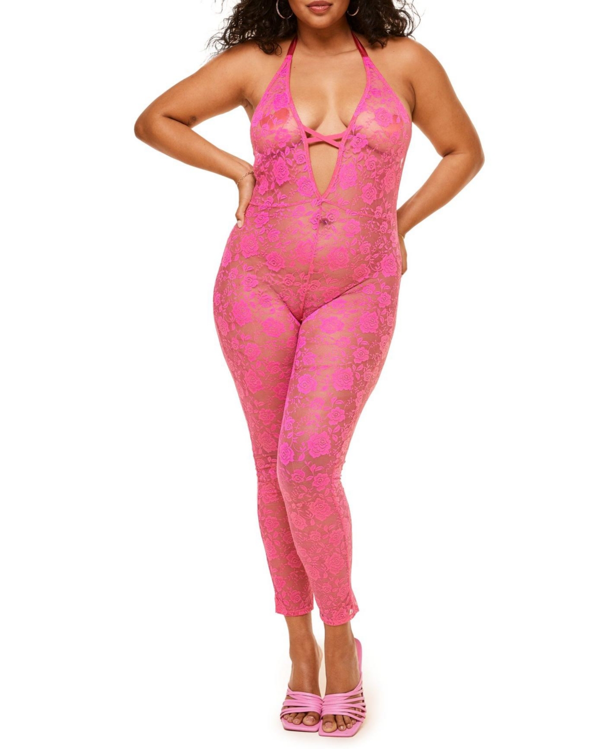 Plus Size Catrice Crotchless Catsuit Lingerie - Dark pink