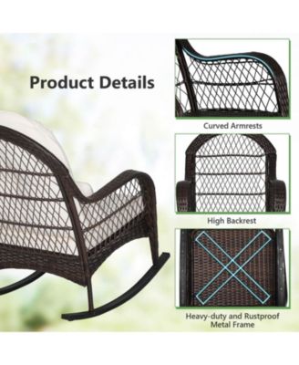 Patio Rattan Rocking Chair with Seat Back Cushions and Waist Pillow