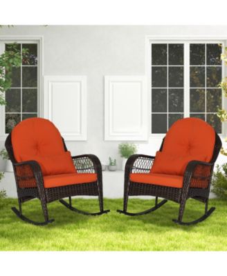 Patio Rattan Rocking Chair with Seat Back Cushions and Waist Pillow